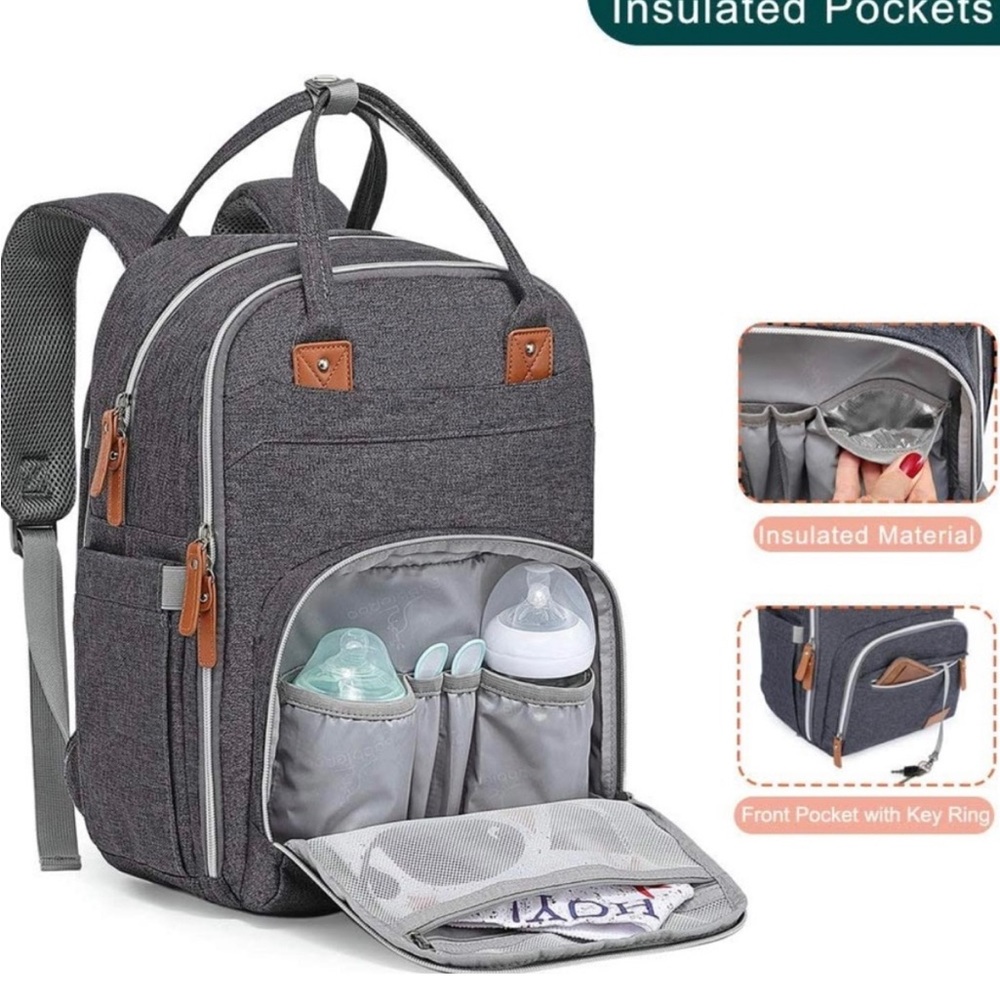 NWOT BabbleRoo Diaper Bag Gray with Brown Faux Leather Details